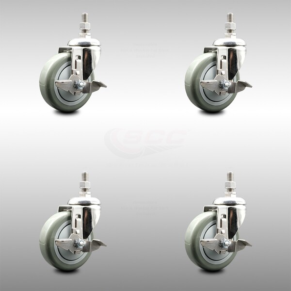Service Caster 4 Inch 316SS Gray Polyurethane Swivel 3/8 Inch Threaded Stem Caster Set Brake SCC-SS316TS20S414-PPUB-TLB-381615-4 - main